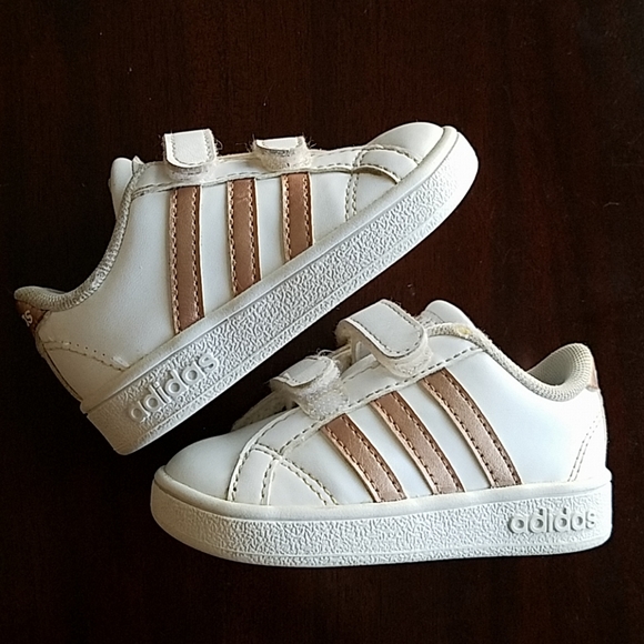 adidas Other - Adidas rose gold 3 stripe white toddler sneakers